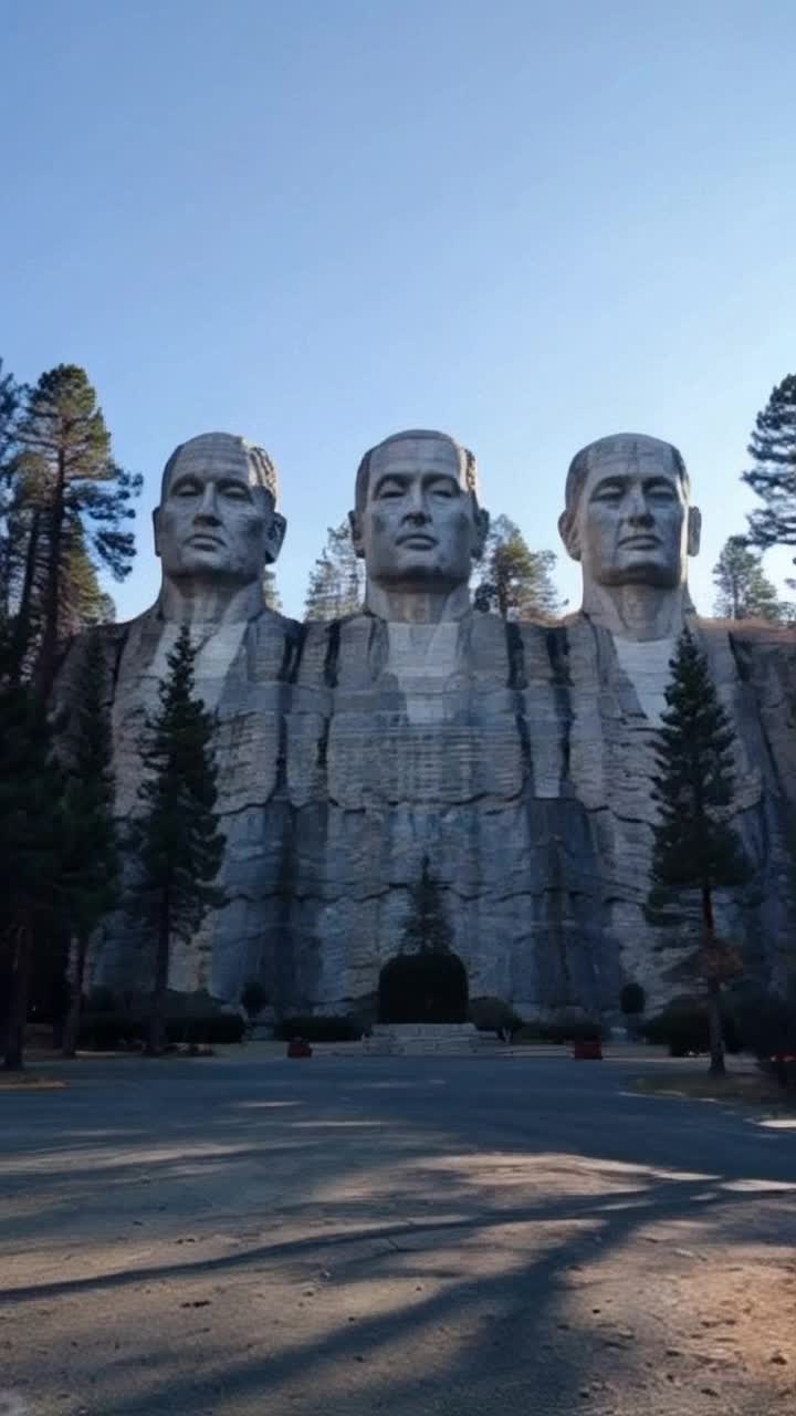 Majestic granite faces of four iconic presidents towering high  Sunlight casting dramatic shadows on rugged rock formations  Vast pine forests stretching toward a clear blue sky in the distance