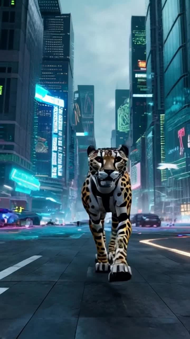 Mechanical cheetah robotic leopard hunting in the cyberpunk futuristic city urban jungle