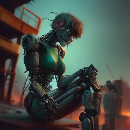 Female humanoid cyborg, future post-apocalyptic setting, sitting on a dilapidated metal structure, repairing damaged arm with advanced tool, close weapon proximity. Partially raw bio-mechanical components reveal through torn human-like skin, attractive but rugged, Cinematic mood, Cybernetic elements, neon blues, rustic earth tones, dynamic shadows, blend of J.H. Williams, Joe Benitez, and Takehiko Inoue styles