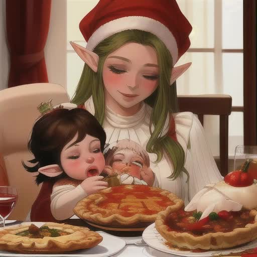Beautiful turkey elve woman queen of Thanksgiving at the table having Thanksgiving dinner  feeding her cute little baby pie
