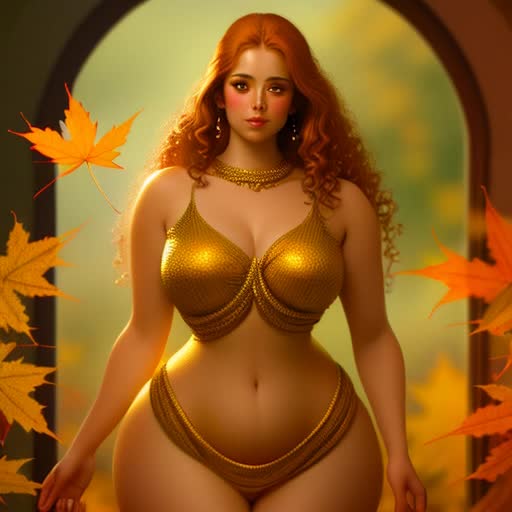 Gorgeous curvy autumn goddess with thick hips, long curly ginger hair,Divine figure of autumn, a laurel of golden maple leaves, expressing an alluring aura. Soft, diffused lighting enhances the warm colors, compelling and detailed, by Brom and Boris Vallejo. Soft bokeh effect showcasing her figure as the focal point