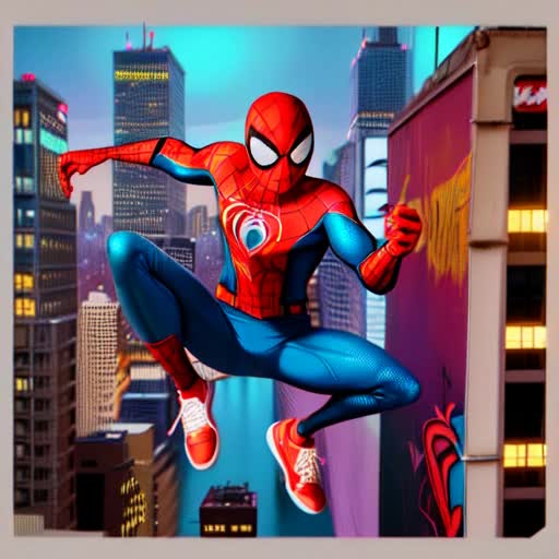 Urban Spider-Man, sneakerhead, posing dramatically with a collection of hyped sneakers, sporty street style outfit with hoodie, crisp and clean, iconic superhero insignia, New York City backdrop, graffiti walls, neon lights. Digital art, cartoonish yet detailed, sharp focus, lighting mimicking city night, by Stanley Artgerm Lau and Fabio Leone, dramatic, aerial