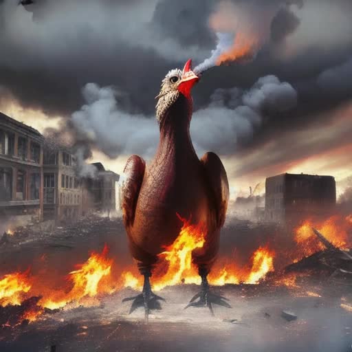 Giant anthropomorphic turkey, destroying city, crashing buildings, carnage, fire-breathing, Thanksgiving catastrophe, intense turkey apocalypse, humanoid disaster, hyper-realistic, highly detailed, fantasy art, turbulent, ominous, frightening, dense smoke, chaotic cityscape, dark clouds, twilight, eerie, heavy shadows, apocalyptic