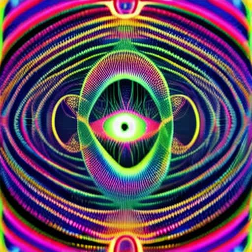 Eye. Psychedelic vision, piercing the veil, time dilation, hyper detailed, lovely use of colors and dimension, LSD, DMT, Psilocybin, ketamine, beautiful, complex, intricate, iridescent, iridescent , Psychonautic alien squid with electric tendrils in concentric fiery cosmic expansion