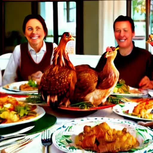Anthropomorphic Turkey family sitting at the dinner table eating roasted turkey