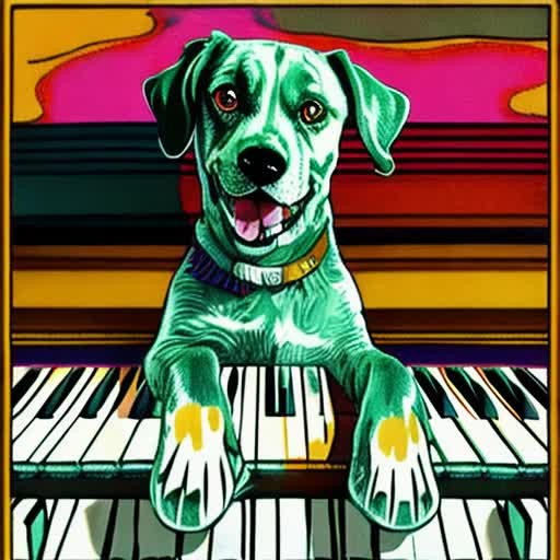 Vivid green dog, enthusiastically playing a grand piano, piano keys showing signs of intense use, expressive eyes, Music notes floating around, joyful atmosphere, Captured in the midst of action, digital artwork, whimsical and cartoonish style, saturated colors, soft lighting capturing the mood, closer perspective of dog and piano by Charles M. Schulz and Maurice Sendak