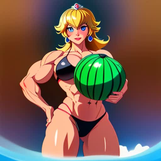 princess peach blonde hair blue eyes super mega ultra huge gigantic melons muscular bodybuilder bikini 