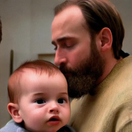 Footage featuring a gentle moment between man and infant, as scene transitions to centre on baby, revealing an unexpected twist - a bearded miniature man's visage, emphasis on the tiny man's rustic beard, zooming in, video footage, 4K resolution, highly detailed, effective blur depth, crisp focus on baby-man, by Wes Anderson, quirkiness akin to The Royal Tenenbaums, warm, earth tones dominating the color palette, intimate indoors setting, soft ambient lighting, cinematic
