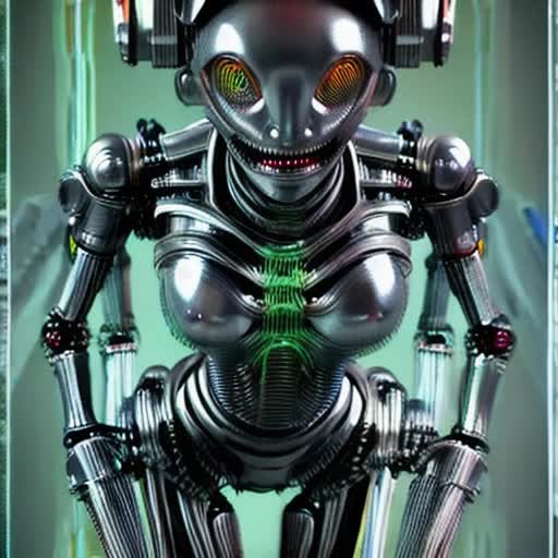 Worryingly shaking figure, fearfully reacting, deeply intricate robotic details, Uncanny Valley style, surfaces adorned with detailed chrome textures, bathed in eerie green neon lighting, ambiance of emergent artificial intelligence, masterfully realized through a 3D rendering, an unsettling blend of H.R Giger's biomechanical surrealism and Ridley Scott's cinematic brilliance