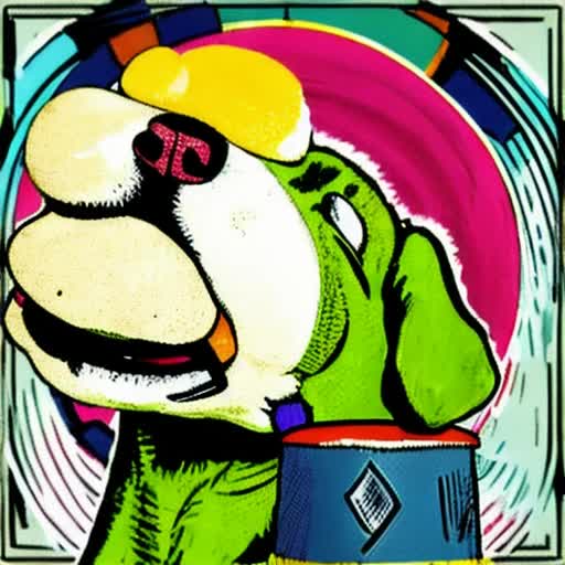 Vivid green dog, enthusiastically playing a Drum, expressive eyes, Music notes floating around, joyful atmosphere, Captured in the midst of action, digital artwork, whimsical and cartoonish style, saturated colors, soft lighting capturing the mood, closer perspective of dog and Drum by Charles M. Schulz and Maurice Sendak