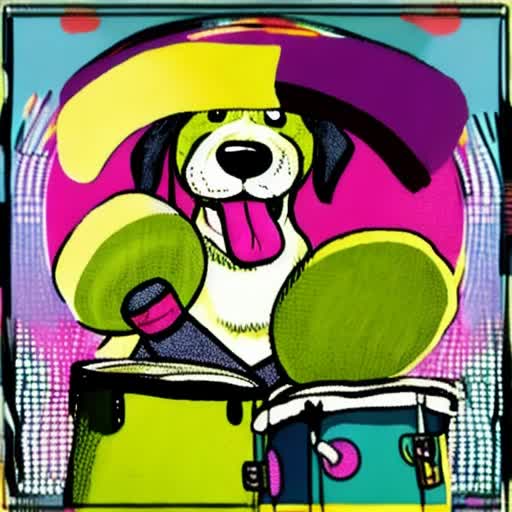 Vivid green dog, enthusiastically playing a Drums, expressive eyes, Music notes floating around, joyful atmosphere, Captured in the midst of action, digital artwork, whimsical and cartoonish style, saturated colors, soft lighting capturing the mood, closer perspective of dog and Drums by Charles M. Schulz and Maurice Sendak