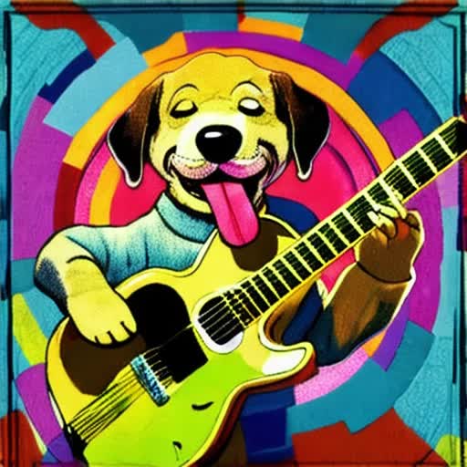 Vivid green dog, enthusiastically playing a guitar, expressive eyes, Music notes floating around, joyful atmosphere, Captured in the midst of action, digital artwork, whimsical and cartoonish style, saturated colors, soft lighting capturing the mood, closer perspective of dog and guitar by Charles M. Schulz and Maurice Sendak