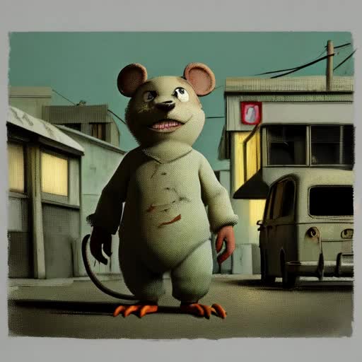 Oversized anthropomorphic rat, superior perspective, camera narrowing on lower torso, filmic, tonality of old noir films, grunge city background, dimly lit environs, gritty details, created with a blend of art styles including Raymond Briggs and Ralph Steadman