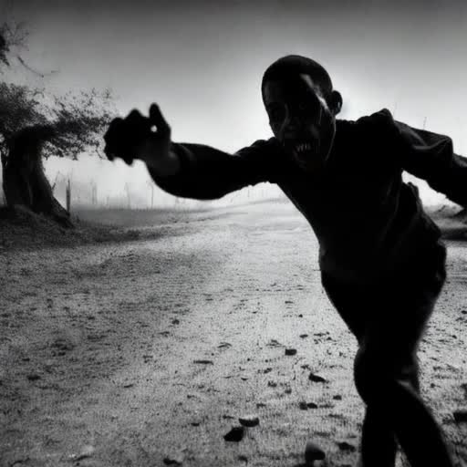Boy sprinting in fear, pursued by elongated, slender humanoid, glowing white eyes, gaping mouth revealing unnerving red teeth. Environs shrouded in mist, eerie and foreboding. Hints of old, decrepit structures in background, stray leaves fluttering in wind. Monochrome black and white palette, with stark red contrast for teeth, surrealistic style, dynamic action visible, chilling sense of horror, cinematic presentation, moonlight casting long, ominous shadows, sharp focus, unforgettable imagery