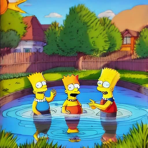 Simpsons characters, playful, interacting with lively, water reflections, colourful, hand-drawn animation, satirical and comedy theme, bright sunny afternoon, trees surrounding pond, Bob Ross and Matt Groening, traditional Simpsons tone, warmth emanating from sunlight