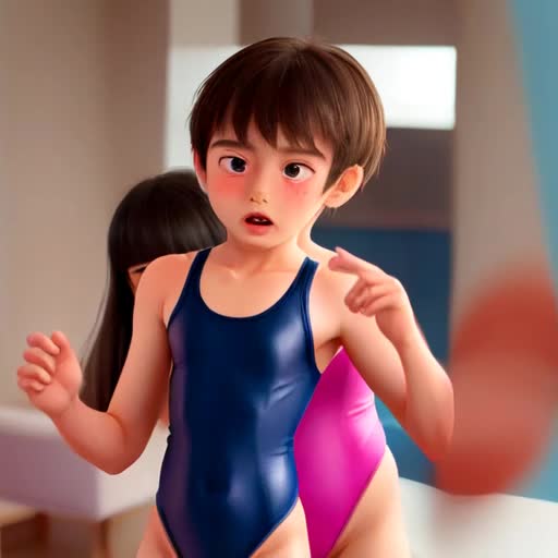 Older brother transforming into his 7 years old sister by her pink one piece swimsuit