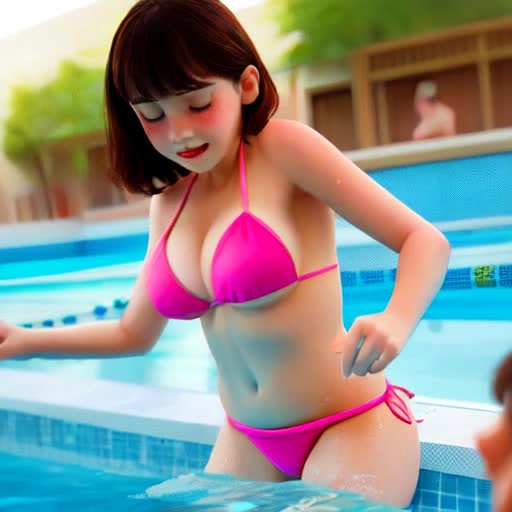 Younger brother transforming into his older sister by her pink bikini at the pool
