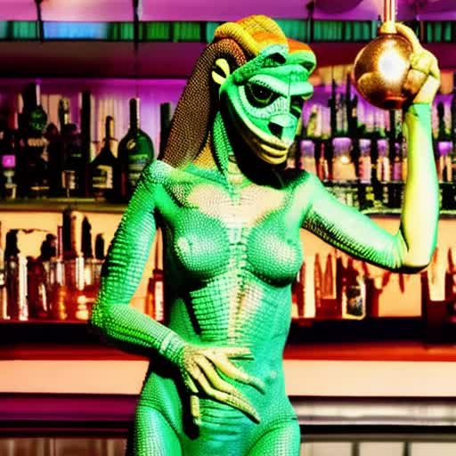 Steampunk-inspired (woman-faced reptilian lizard), backdrop of acid jazz-inspired bar 