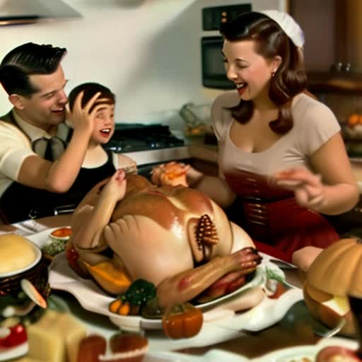 1950s ad for thanksgiving with a family around a table with lots of food