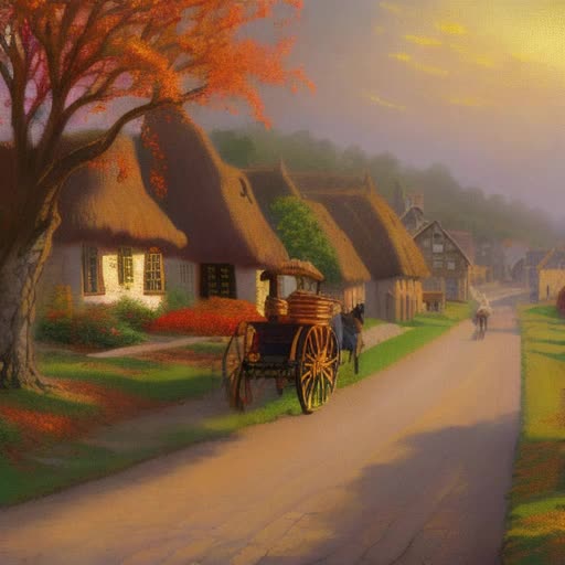 Pilgrim journeying on foot, cobblestone pathways in traditional New England village, Autumn season, distinctive colonial architecture. Fallen leaves scattered on pathway, old stone houses with thatched roofs, by Thomas Kinkade. Mushrooms sprouting at roadside, horse-drawn carriage in background, wooden barrels, nostalgic 17th-century vibe, oil painting, sunset casting long shadows with soft, warm golden light