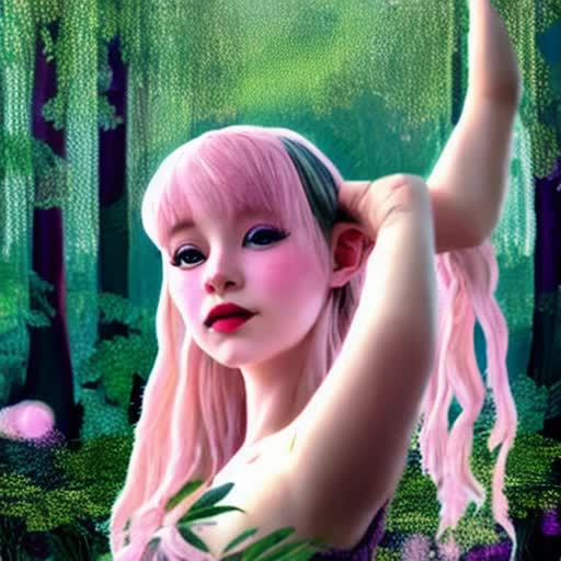 Elven maiden with pale pink hair, dazzling pink eyes, lively, doing enchanting Wednesday dance, surrounded by ancient forest foliage, lightly dappled sunlight filtering through leaves, soft edge, detailed, delicate facial features, graceful movement captured mid-dance, pastel-colored fantasy setting, soft and warm lighting, by Lois van Baarle and Hayao Miyazaki