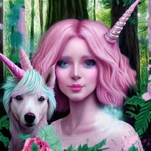 Mystical elven maiden, pastel pink hair cascading down, sparkling pink eyes like rose quartz, by Alex Ross, petting unique unicorn dog, unicorn dog with pearly fur, twisty opalescent horn, fairytale setting, lost in enchanted forest, tall towering trees with emerald leaves, dappled sunlight streaming through, air imbued with magic particles, Highly detailed, sharp focus, artistic blend of realism and fantasy, Soft pastel color palette dominated by pinks, greens, and whites, whimsical and dreamy