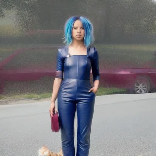 fashion photograph of a indigo colored hair, Burgundy leather skin tight jumpsuit outfit, lady spy with her cat in the car, refined, glamorous