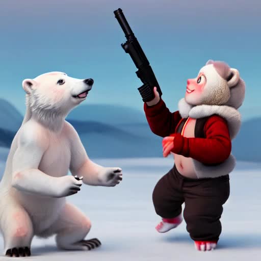 Two baby polar bears looking up at a human with a gun in the humans hand smiling at them and points the gun at it then the baby polar bear behind the other one jumps in the way and gets shot and you see red stuff coming from its stomach