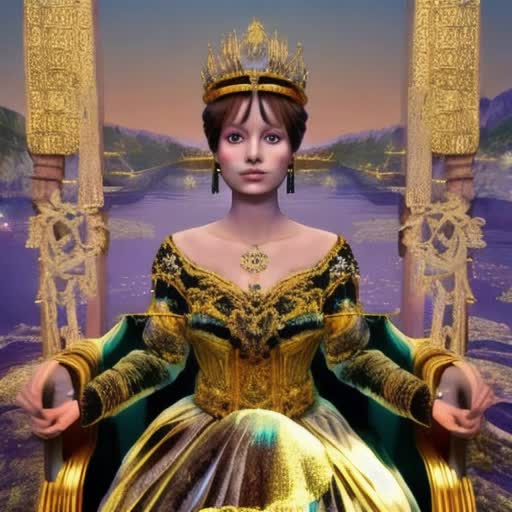 Majestic Empress Lyra, regally posed on her intricately chiseled throne, Beneath the earth's surface in Agartha, wearing a breathtaking opulent gown of velvet emerald, embroidered with golden thread, and studded with glittering precious gems. Her luminous, translucent complexion illuminates under the soft, golden, mysterious underground lighting. She's crowned with ornate headpiece shaped like a constellation, luminescent crystals, shimmering, warm underground lake in the background