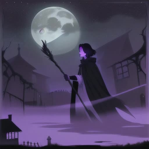 Silhouette of a witch casting spells, broomstick on side, full moon backdrop, dark purple and black sky, twinkling stars, large decrepit mansion in the distance, flowing cloak, eerie and haunting, by Tim Burton and Edward Gorey
