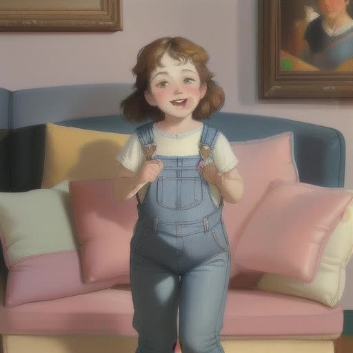 Youthful, playful girl, wearing denim dungarees, chasing chubby, Family-oriented, cheerful, sense of movement, Plush carpet underfoot, cozy pillows and soft throw blankets on furniture, vintage oil painting style, soft pastel color palette with shades of blush pink, sky blue, lavender and peach, ochre lighting for a warm, afternoon feel, by Norman Rockwell and Pierre-Auguste Renoir, interaction, joyful moment
