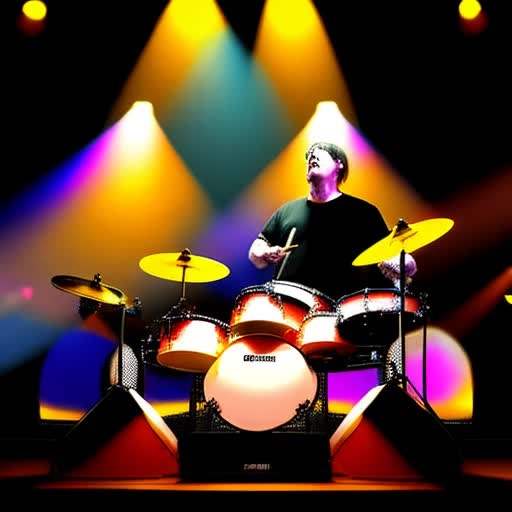 Drummer Neil Peart's likeness, delivering a dramatic drum solo, in a Rush concert, vivid stage lights illuminating the scene, energy of live music, hyper-realistic,  in the style of hugh syme, contrasting light and rainbow lightning effects