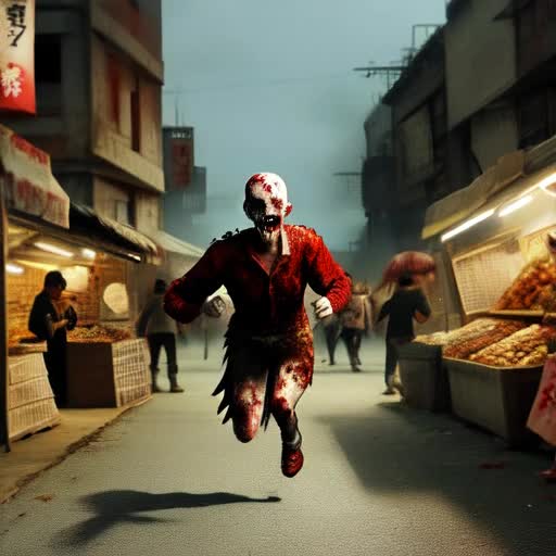 Perfect portrait of  zombie warrior running away from camera in the style of niji5, backdrop of market zombies