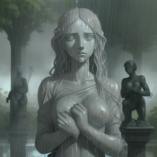 Chilling transformation of a woman into a grey, emotionless statue, devoid of pupils, amidst other statues expressing terror, spread out in a rain-soaked garden, statuesque demeanor, emotionless eyes, rain droplets cascading down the figures, lush foliage drenched in rain, Gothic style garden, sculpture artwork. Painstakingly detailed, cascading water elevates the visual texture, cool color temperature, dramatic rainfall, misty ambience, by Gian Lorenzo Bernini and Rodin