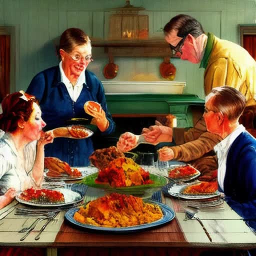 Thanksgiving feast on a rustic wooden table, covered in autumn leaves, decanter filled with red wine, traditional roast turkey, golden and crisp on a silver platter, mashed potatoes with gravy, cranberry sauce, green beans, warm tones of yellow, red and brown, soft candlelight illuminating the dishes, Digital painting, traditional Norman Rockwell style, by Norman Rockwell and Pieter Claesz, extremely high quality and high detail, RAW color.