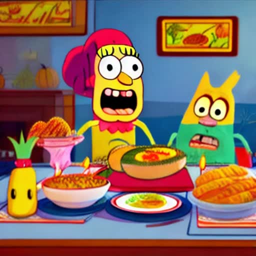 Perfect Thanksgiving theme, bustling Bikini Bottom, SpongeBob cooking, traditional Thanksgiving meal, animation style, crisp, SpongeBob's pineapple house as backdrop, Squidward, Patrick, Mr. Krabs at festive spread, modestly decked out in thanksgiving décor, friendly banter, warm, jovial mood, by Stephen Hillenburg and Nick Park.