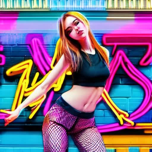 Blonde-haired girl in rhythmic movement, fishnet pants, edgy street style, illuminated by neon lights, striking dynamic pose, energetic, richly saturated colors, graffiti-filled urban backdrop, digital art, blend of realism and comic style, by Stanley Artgerm Lau
