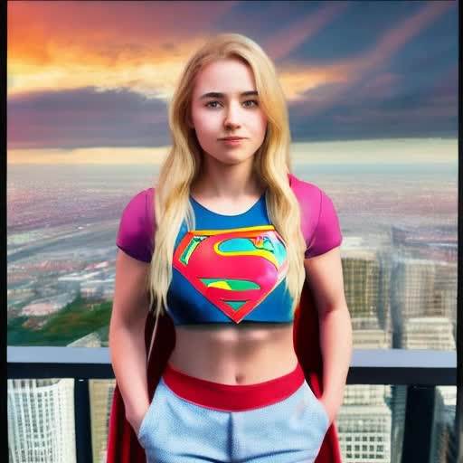 masterful depiction, not safe for work. Ultra high resolution, focus on Supergirl's detailed eyes, single character, flowing long blonde hair. Sporting a white crop top, hair band, dolphin shorts, gloves and boots. Set against background of towering city under a sky filled with stunning clouds, sunset hues. Offering captivating panoramic view, rendered in a hyper-realistic style, by Artgerm