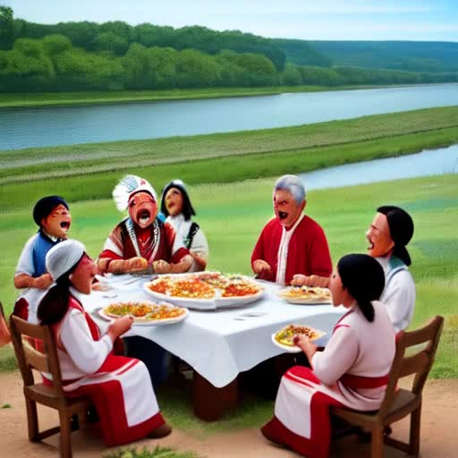 A tribe of  native Americans having a large feast with a group of Pilgrims. Next to the Missouri River on a bright beautiful day. Singing and laughing together while the children play in the distance. 