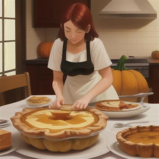 Girl Baking Turkey and putting Pumpkin pie on a table 