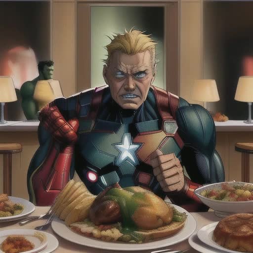 Iron man, the hulk, caption America, Thor, hawk eye, black widow having Thanksgiving dinner in the avengers tower, high detail, Stan Lee style