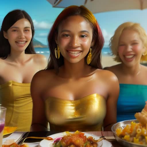 African Pacific Island woman, wearing a Versace dress on a beach with same made of gold, eating Thanksgiving dinner, macaroni and cheese, green beans, mashed potatoes, fried chicken, rice, chicken Parmigiano, with four friends, bold plum, gold, alexandrite primary color palette, hyper realistic, casual and friendly atmosphere, bright sun shining