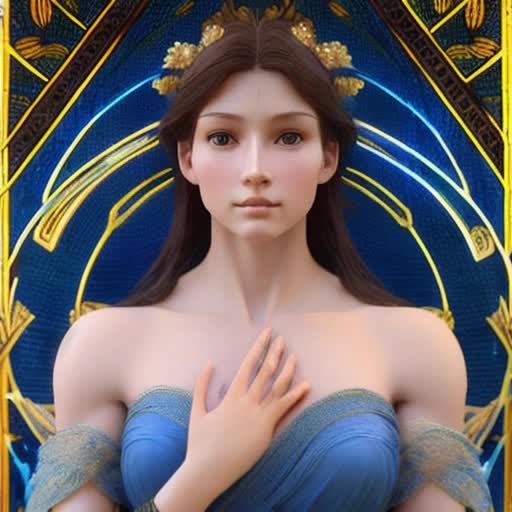 Magical Goddess, intensely glowing blue eyes, meticulously detailed, highly realistic hands, accurate and appealing facial features, femininely sculpted shoulders and chest, slender arms, broad hips, sharply tapered waist, willowy body figure, very high resolution 8K, harmonious blend of Realism and Renaissance styles, by Stanley Lau and Alphonse Mucha
