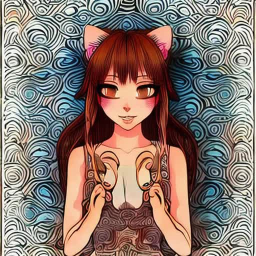 Anthropomorphic cat girl, long flowing brown hair, tied back, bedroom environment, Intricate patterns on wallpaper, Soft, feminine decor, plush pillows scattered, Animated style, hints of realism, Expressive, confident, charming, playful, Warm glow, subtle lighting, by Araki Hirohiko and Joe Madureira