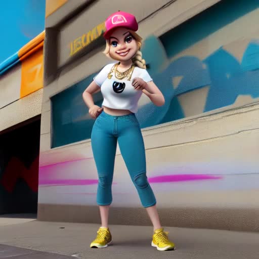 Elsa from Disney but wearing hip hop fashion and a gold diamond pendant necklace, smiling with a diamond and gold teeth, wearing a diamond and gold brass knuckles on her hand, with a graffiti graphics designed NIKE shoes, posing on the streets of New York, wearing a hat with the text written on the hat, in the style of looney tunes modern resolution, micro unreal engine 5 effects, highly detailed with fantastic 8k sharp focus quality surroundings, and without any deformity or multiple body parts