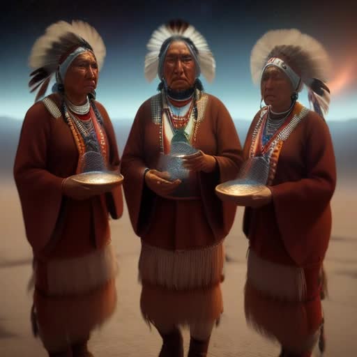 Full body portrait, Native Americans, Pilgrims, Aliens, peace pipe ritual, blurred cosmic fantasy background, Artstation vibe, 8k resolution, rendered by Octane and Unreal Engine, extremely high detail, realism, hyperrealism, sharp focus, masterpiece-worthy