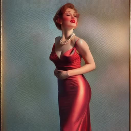 Sensuous woman, accentuated in fitted dress, squeeze silhouette, Elegance, sophistication, high heels, pearl necklace and dark red lipstick, Smooth skin texture, shimmery satin gown, hugging her body, reflecting lights, split up to thigh, low lights, backlit, drifting wisps smoke, by Gil Elvgren and Alberto Vargas