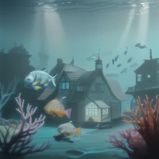 multi-hued aquatic life in visible distress, intricate, decorative fish house, hand-painted porcelain shine, pastel sea-themed ornaments, Light filters through clear water, casting refractive light patterns, low light, deep sea environment, undersea landscape surrounding the house, Hyper-realistic, underwater lighting effects, rendered by Octane, by M.C. Escher and H.R. Giger