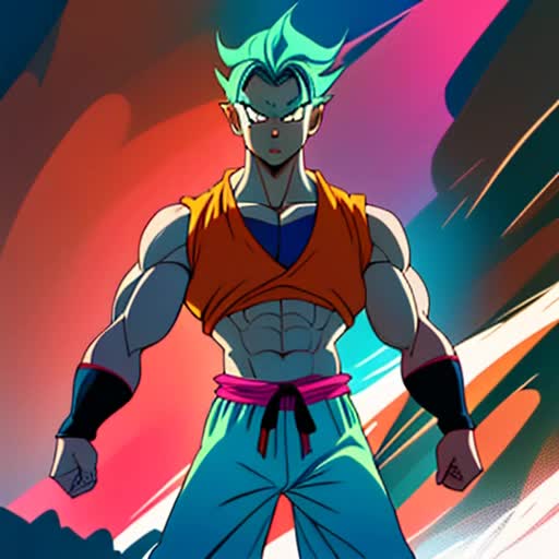 Dragon Ball Z male character, muscular and intense, sporting traditional fighting attire, woman in stylish bikini, excited, clinging to his back, cosplay theme, prominent anime aesthetics, dynamic pose, highly detailed, vivid colors, bold and stylish, strong lighting effects emphasizing muscles and tones, seaside backdrop, anime-digital hybrid art style, by Akira Toriyama and Hayao Miyazaki