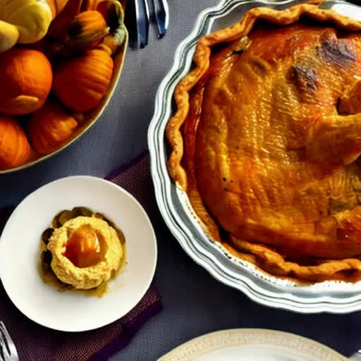 a captivating Thanksgiving feast – envision a table adorned with autumnal hues, gleaming silverware, and carefully arranged centerpieces. Describe a diverse array of dishes, from golden-roasted turkey to velvety mashed potatoes and vibrant harvest vegetables. Capture the inviting warmth of pumpkin pies and the soft glow of candlelight, creating a visual feast that embodies the spirit of gratitude and togetherness